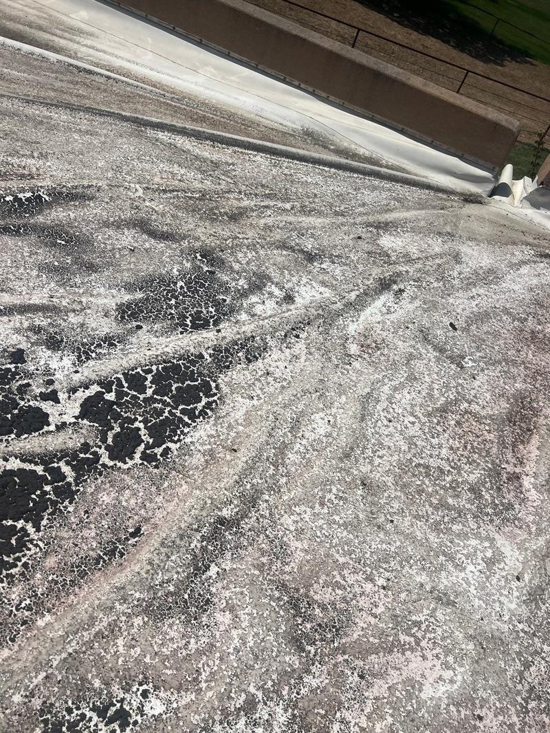Cracked, worn coating on an aging flat roof during a repair visit